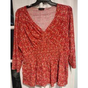 Lane Bryant 22 24 Red Ditsy Floral Smocked Blouse Puff Sleeves Cottagecore Y2K